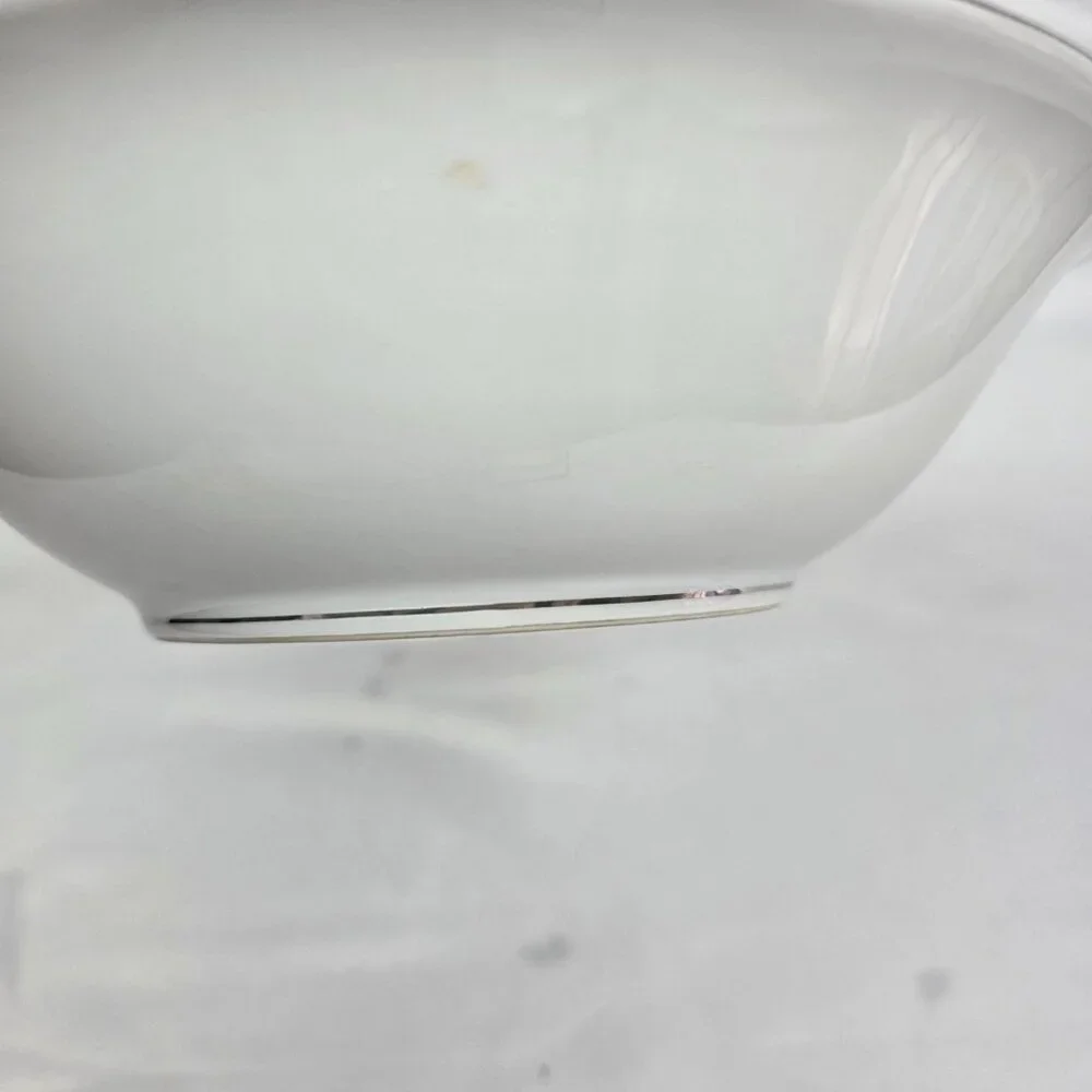 Sango Plantina Round Serving Bowl 9 Inch White with Gray Band & Platinum Trim